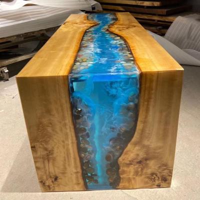 China Blue Water Resin River Island Slab Solid Wood Epoxy Resin Wooden Dining Table Work Bar Wooden Kitchen Dining Table for sale