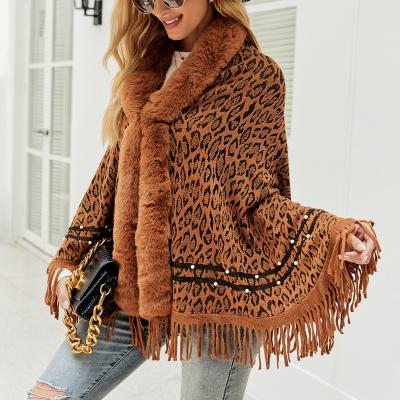 China 2021 Autumn Winter New Leopard-Print Collared Women Sweater Breathable Tassel Coat Warm Knitted Neck Shawl For Lady for sale