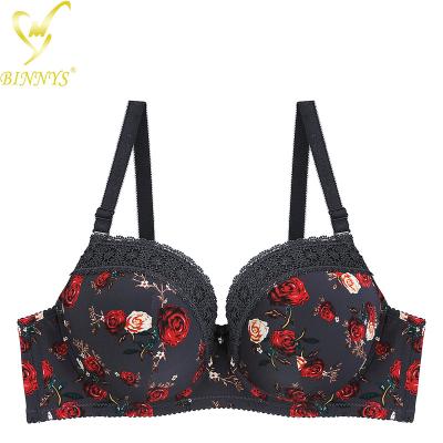 China BINNYS Best QUICK DRY Bra Brands New Rose Floral Print Ladies D Cup Plus Nylon Balconette Waist Straps Underwire Bra Push Up Balconette for sale