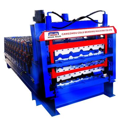 China Three layer metal roofing corrugated trapezoidal 800 tile double layer roll forming machine zu verkaufen