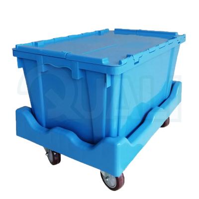 China Eco - Friendly Colorful Raw Material Bulk Container With Attached Lid Plastic Moving Tote Box With Dolly for sale