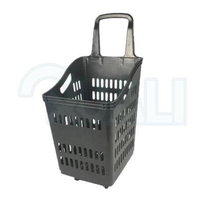 China Heavy Duty Plastic Rolling Basket Colorful Supermarket Shopping Cart Wheeled Basket for sale