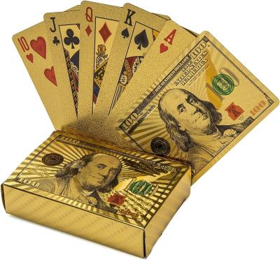 China 100 Portable Bill Themed Inspired Waterproof Card Deck 24 Karat Gold Foil Plastic Playing Cards for sale