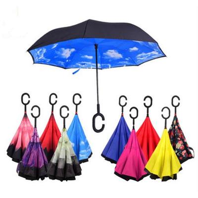 China Modern Hot Selling New Products Stock Custom Double Layer Inside Out C Shape Handle inverted Reverse Umbrella with logo prints for sale