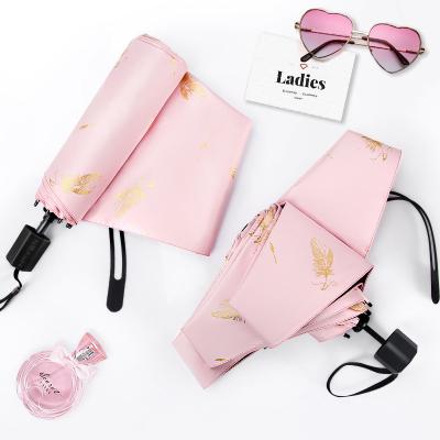 China Cute New Cheap Portable 5 Fold Umbrella Multicolor Mini Gift Umbrella Ladies pink Gilding feather Travel Umbrella for sale