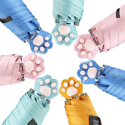 China Cute Travel children women umbrella for school bag Compact Waterproof Windproof Portable 5 folding Cat paw mini umbrella for sale