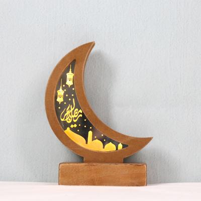 China Retro Ramadan Eid Mubarak al Fitr Crafts Decorative Moon Ornaments Wooden Furniture EID Decorations Holiday Lighting Gift Model Led for sale