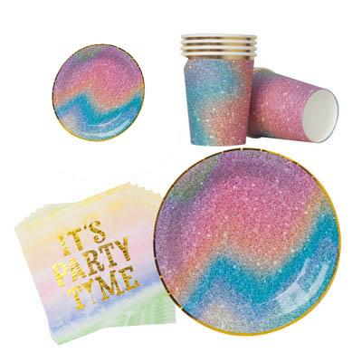 China New Product Kids Rainbow Birthday Party Supplies Paper Tableware Set Happy Birthday Banner Glitter Theme Party Supplies for sale