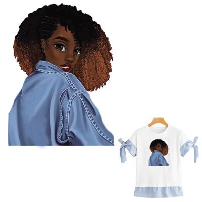 China Washable Beauty African Girl Patches For Apparel Garment Heat Transfer Print On T-shirt Dresses Sweater Washable DIY Iron-on Stickers for sale