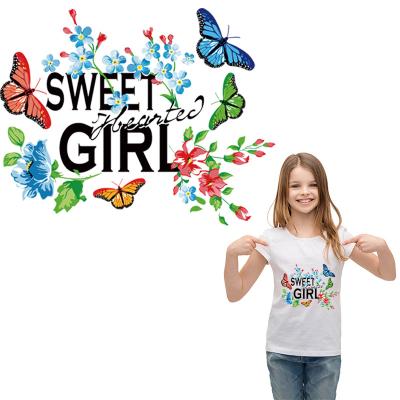 China Washable Iron On Clothes Heat Transfer Vinyl Tops Diy Fashion Badges Appliqued Heat Print Over Powder Butterfly Flower Patch for sale