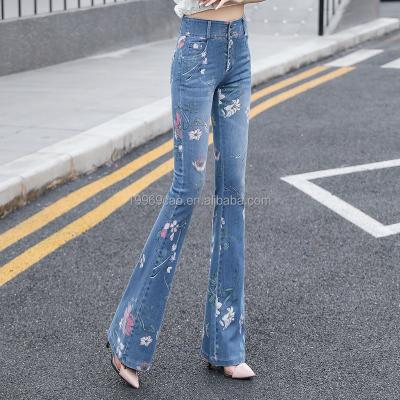 China Anti-wrinkle Wide Leg Embroidered Elastic Bottoms Tight Old Bell Bottoms Women's High Waist Elastic Jeans for sale