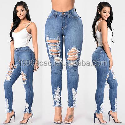 China 2022 new fashion Anti-wrinkle tight light blue jeans tear old ladies jeans for sale