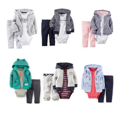 China Wholesale Antibacterial Cotton Girls Fashion Kids Boys Long Sleeve Hooded Jacket/Rompers 3 Piece Set Children Clothing Sets Baby Clothes for sale