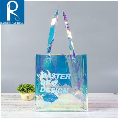 China Recyclable PVC Tote Bag Fashionable Shopping PVC Tote Bag Clear PVC Plastic Bag Laser Bright Gift Bag for sale