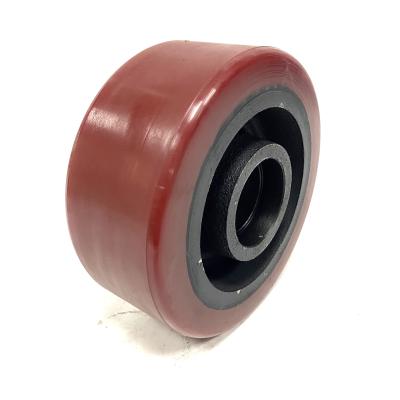 China Industry Polyurethane Forklift Front Return Wheel And Tires Custom Nylon PU On Molded Iorn Roller With Steel Bushing for sale