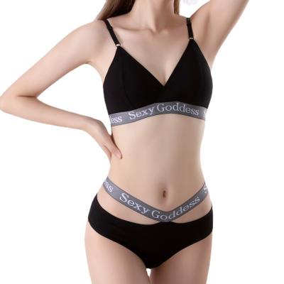 China Sporty set sexy underwear OEM letter printing cup wireless fashion wrap chest triangle bra thong upper panties set for women for sale