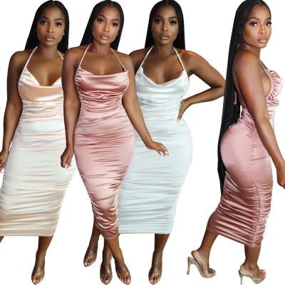 China Anti-Wrinkle Anti-Wrinkle Summer Stretching Ruched Stacked Satin Women's Sleeveless Halter Dress Elegant Solid Sexy Women's Casual Dresses for sale