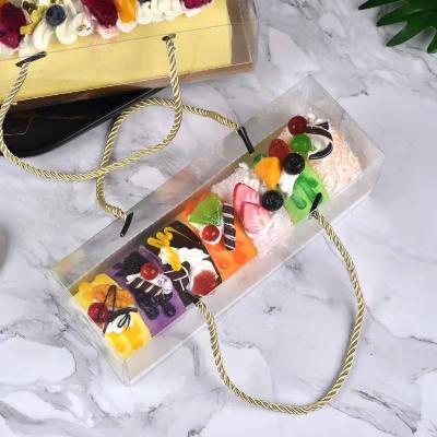 China Food Grade Luxury Clear PET Container Mini Swiss Roll Bread Dessert Materials Recycled Plastic Rectangle Cake Gift Box With Rope Handle for sale