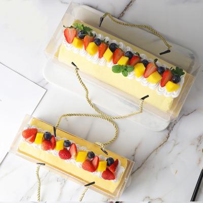 China Recycled Materials Wholesale Clear Small Rectangle Side Door Dessert Container Food Grade Plastic Cake Gift Box With Rope Handle for sale