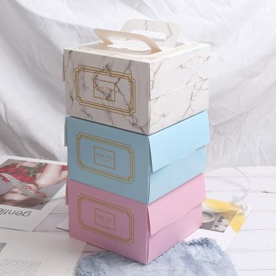 China Side Door Window Recyclable Disposable Wedding 4 Inch Marbling Multicolor Paper Dessert Packaging Small Gift Cake Box With Handle for sale