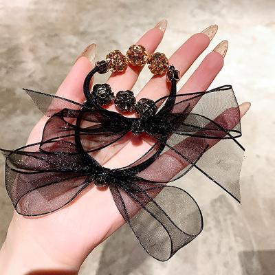 China Women Girls Hair Accessories Sweet Fairy Mesh Organza Bow Hair Scrunchie Ties Luxury Rhinestone Bowknot Crystal Hair Rope Elastic Ponytail Holder Rubber Band for sale