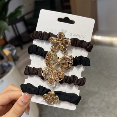 China Women Girls Hair Accessories Elegant Women Elastic Hair Ties Fashion Rhinestone Flower Girls Scrunchies Black Crystal Ponytail Holder Rubber Bands Hair Ropes for sale