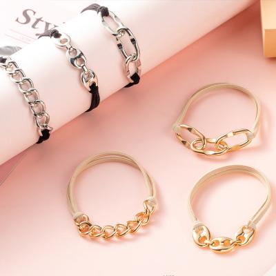 China Women Girls Hair Accessories Fashion Metal Circle Ponytail Holder Hair Rope Band Gothic Punk Gold/Silver Elastic Hair Tie for Women Girl Bracelet Accessories for sale