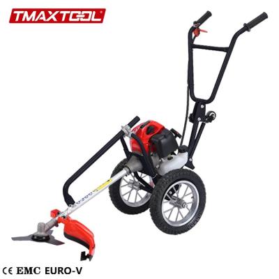 China Straight Metal Blade Hand Push Brush Cutter With Wheels Gasoline Grass Trimmer for sale