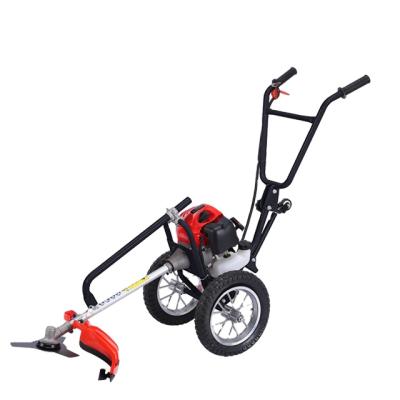 China 62cc Big Power Manual 2 Wheels Gasoline Grass Trimmer Hand Push Brush Cutter With Wheel for sale