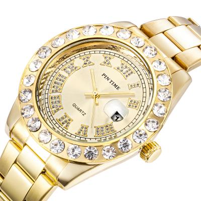 China Luxury Gold Watch Day/Date Iced Out Diamond Quartz Watch For Men for sale