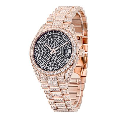 China Top Luxury Brand 18K Diamond Men Watch CZ Zircon Watch 5ATM Gold Water Resistant Day/Date for sale