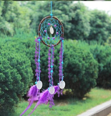 China Circular Purple Handmade Dream Catcher Net With Feathers Wall Hanging Decoration Decor Craft Gift Wind Chimes for Home for sale