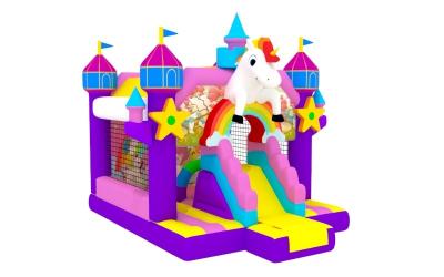 China 1000D Fireproof Baffle Inflatable Unicorn Jumping House With Slide for sale