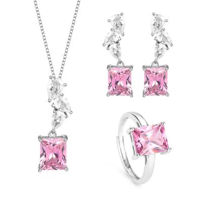 China Romantic Luxury Jewelry S925 Sterling Silver Pink Gemstone Three Piece Set Square Zircon Ring Pendant Necklace Stud Earrings for sale