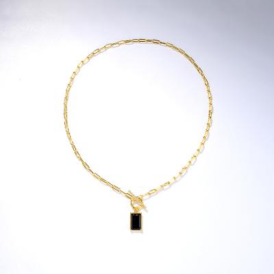 China CLASSIC Retro Atmo OT Gold 18K Gold Plated Single Square Buckle Black Zircon Copper Plated Pendant Necklace Female for sale