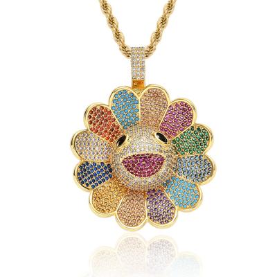 China New FASHIONABLE Hip Hop Flower Pendant Sun Micro-inlaid Colorful Rotating Zircon Flower Necklace for sale