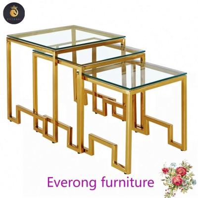 China Modern EV New Arrival Stainless Steel Crushed Diamond Mirrored Furniture Coffee Table and Side Table 1+2 Nest of Tables for sale