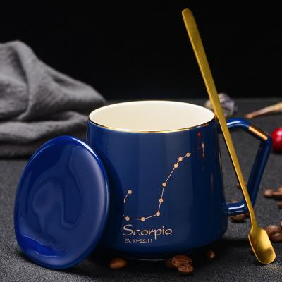 China Sustainable Mugs Wholesale Stoneware Luxury Mug With Lid Spoon Gold Edge Personalized Mug Low MOQ For Home Office Gift for sale