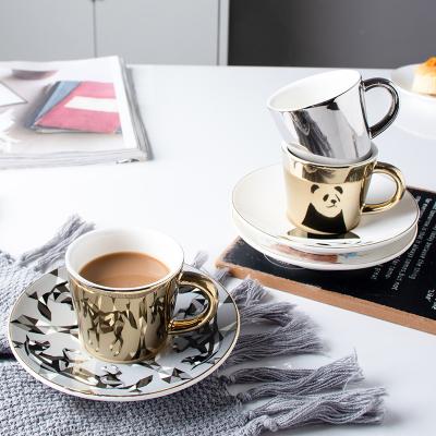 China Viable factory direct creative electroplating ceramic coffee cup and saucer set of European LOGO coffee cup luxury mirror reflection light for sale