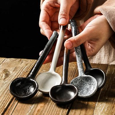 China Viable Nordic Style Ramen Texture Spoon Vintage Stone Design Long Extended To Handle Japanese Ceramic Ramen Spoon for sale