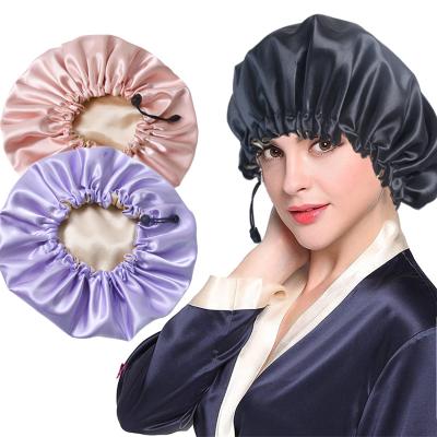 China TB206 Women's Double-Layer Night Sleep Silky Adjustable Double-Layer Satin Reversible Hair Caps With String for sale