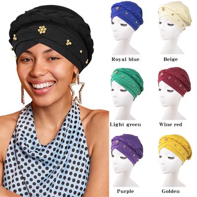 China New Fashion TB-481 Women's Head Wrap Turban Cap Nail Popular Muslim African Female Pearl Braid Head Wrap Turbans for sale