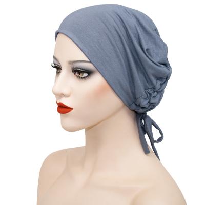 China Wholesale Image TB-479 Solid Color Back Jacquard Crumpled Women Muslim Adjustable Turban Head Wrap for sale