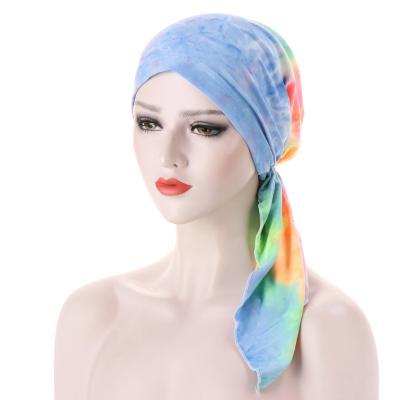 China TB-406 Polyester Nigerian African Chemo Cap Head Wrap Muslim Two-Tail Curved Turbans Single Tie Dye Tiing Headsacrf Hair Turban Hat for sale