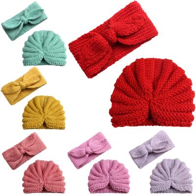 China TBK-35 High Quality Woolen Hat Children's Baby Knitted Warm Bunny Ears Headband And Hat Set for sale