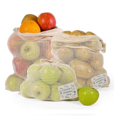 China Hot Sale Eco-friendly Custom Size Reusable Cottons Mesh Net Drawstring Bag 100% Cotton Storage Vegetable and Fruit for sale