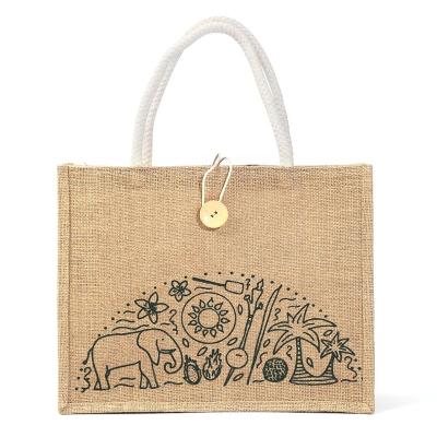 China 100% Eco-friendly Wholesale Hot Selling Jute Bags Printing Tote Jute Bag Fashion Large Capacity Beach Jute Sack Handbag for sale