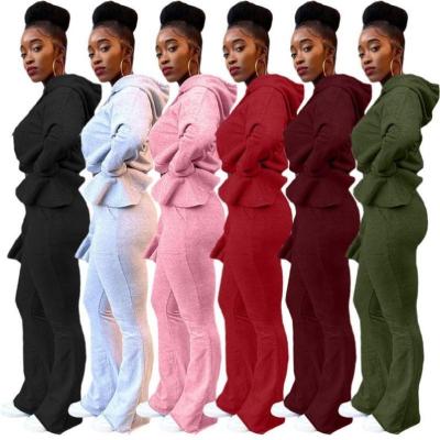 China Newest Design Anti-Wrinkle Solid Color Pants Winter Two-Piece Hoodies Slim Flare Sleeve Sexy Hoodie With Sweatpants Women for sale