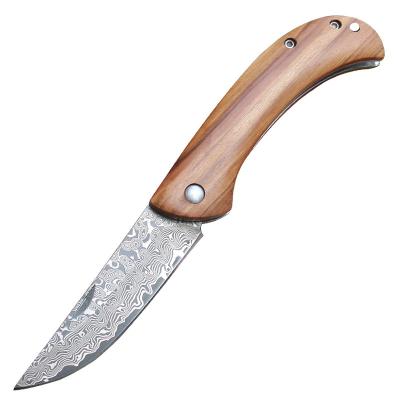 China High Hardness Damascus Steel Olive Wood Handle Non-variable Self-defense Camping Folding Knife for sale