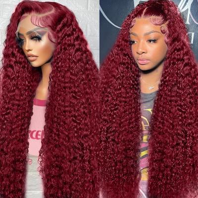 China Deep Wave 99J Burgundy HD Lace Front Wig Human Hair 13X6 Deep Wave Curly Red Colored Lace Frontal Human Hair Wigs for Women Lace Front Wig for sale